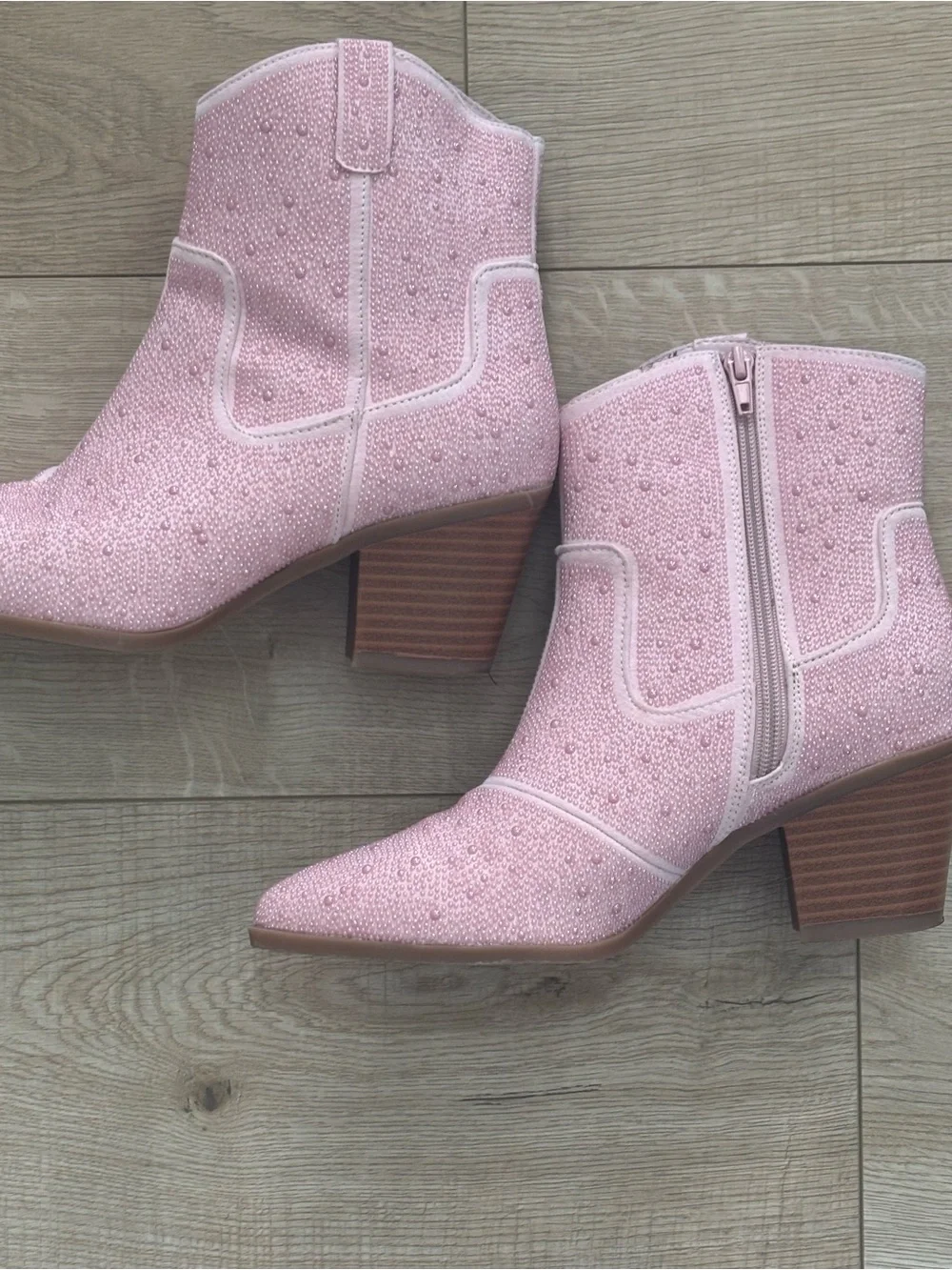 Pink Glitter Western Ankle Boots for Women Boho Cowgirl Embellished Boot